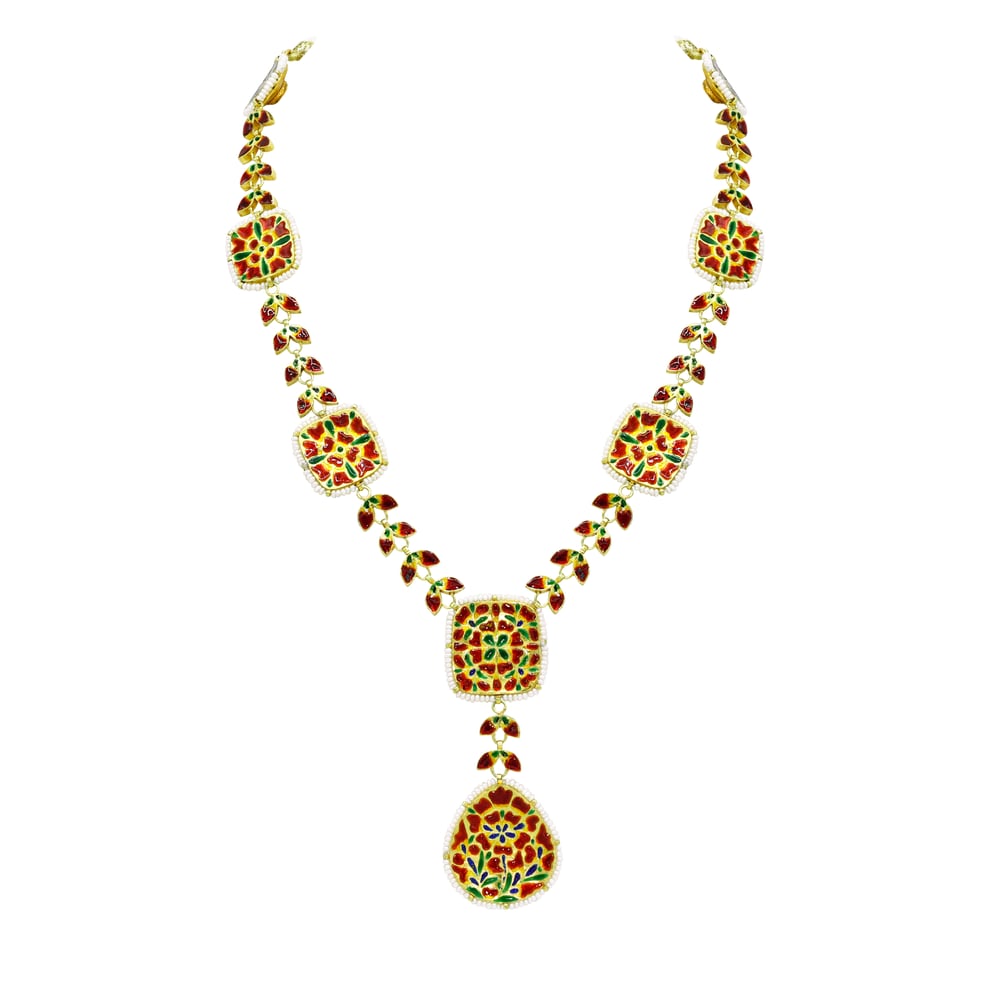 Polki Square Necklace Set with Polki Leaves and Pear Drop